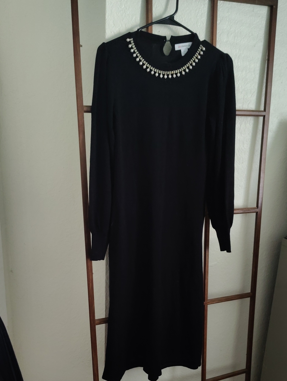 Liz Claiborne Black Long Sleeve Dress with Jeweled Neckline